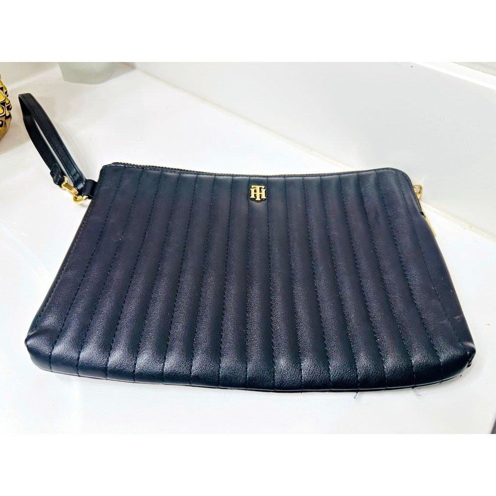 Tommy Hilfiger Black Quilted Leather Wristlet Gold Hardware Zip Top Small Bag